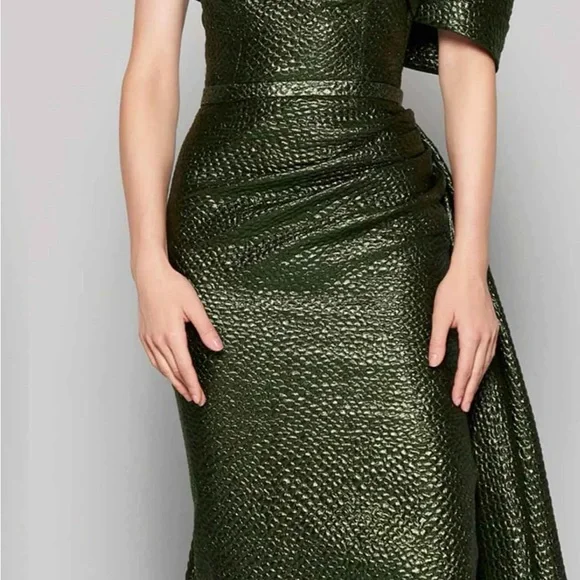 MNM Couture - N0356 Asymmetric Off-Shoulder Drape Train Evening Gown